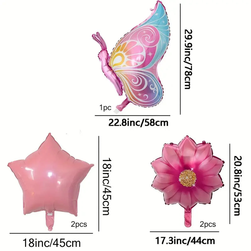 5pcs Vibrant Butterfly Flower Foil Balloons Set