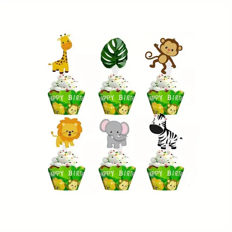 Jungle Animal Cupcake Wraps & Toppers x 12