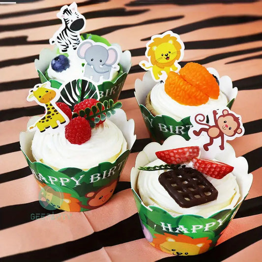 Jungle Animal Cupcake Wraps & Toppers x 12