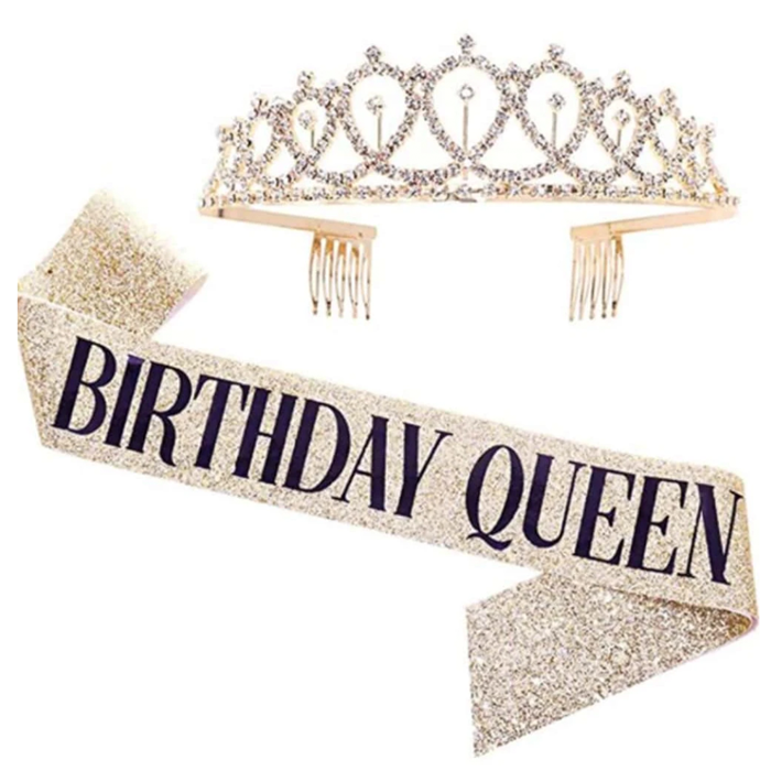 Birthday Queen Gold Sash and Crown