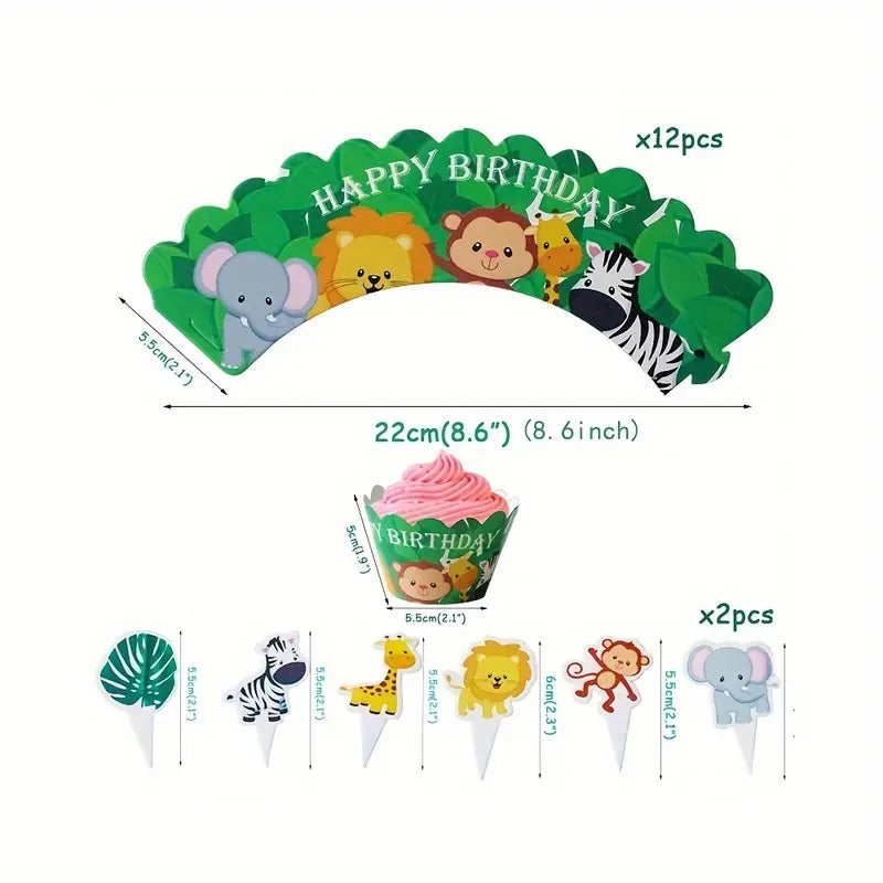 Jungle Animal Cupcake Wraps & Toppers x 12