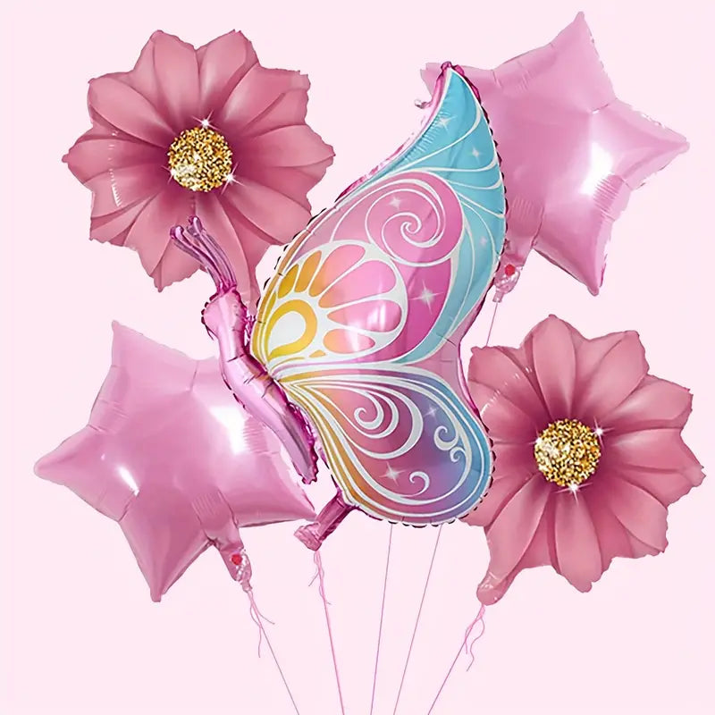 5pcs Vibrant Butterfly Flower Foil Balloons Set