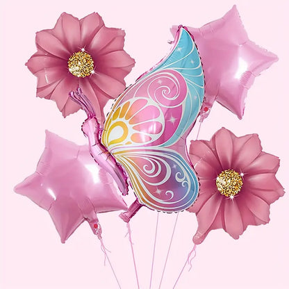 5pcs Vibrant Butterfly Flower Foil Balloons Set